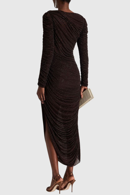 Gradda Asymmetric Crystal Embellished Ruched Midi Dress