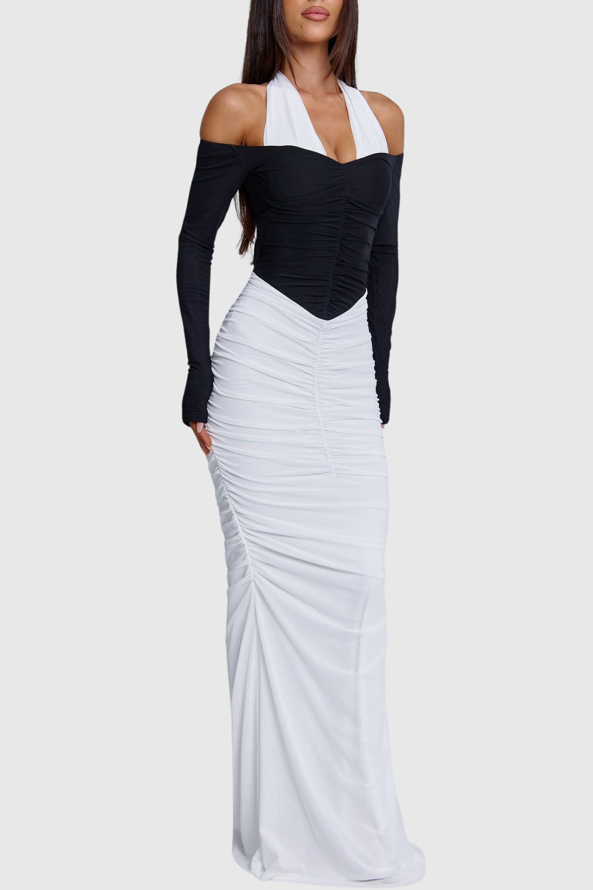 Grazyna Halter Contrast Ruched Maxi Dress