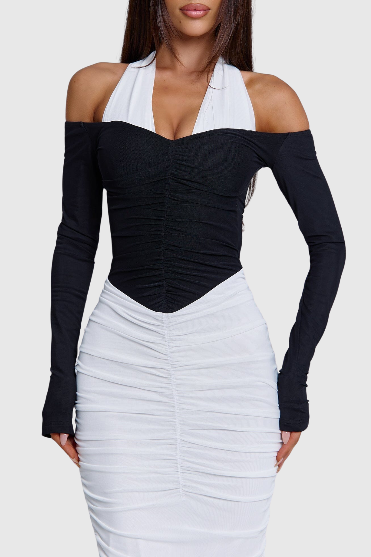 Grazyna Halter Contrast Ruched Maxi Dress