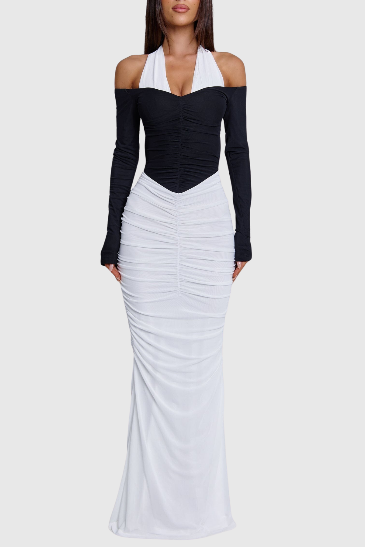 Grazyna Halter Contrast Ruched Maxi Dress