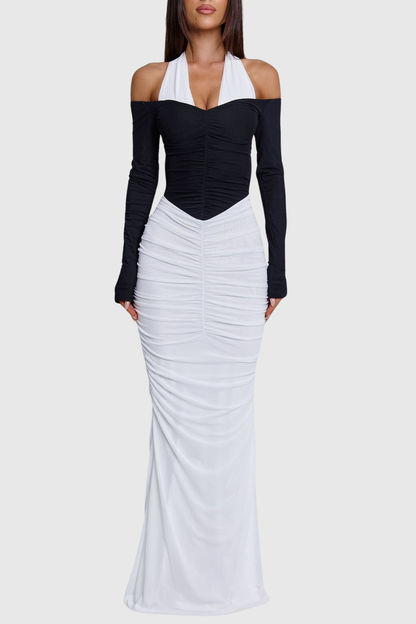Grazyna Halter Contrast Ruched Maxi Dress