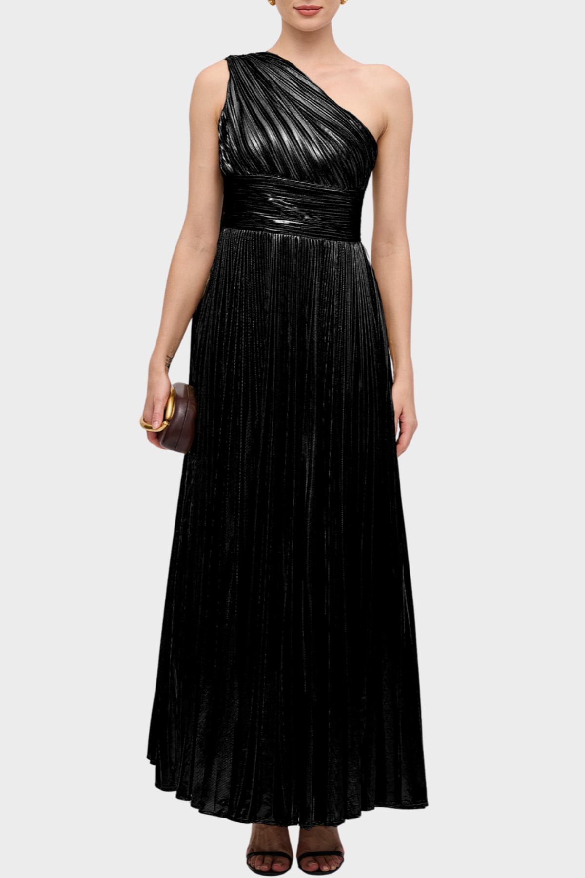 Guillo One Shoulder Metallic Pleated Maxi Dress - Black