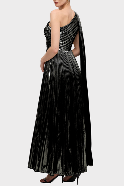 Guillo One Shoulder Metallic Pleated Maxi Dress - Black