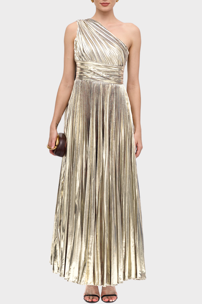 Guillo One Shoulder Metallic Pleated Maxi Dress - Champagne