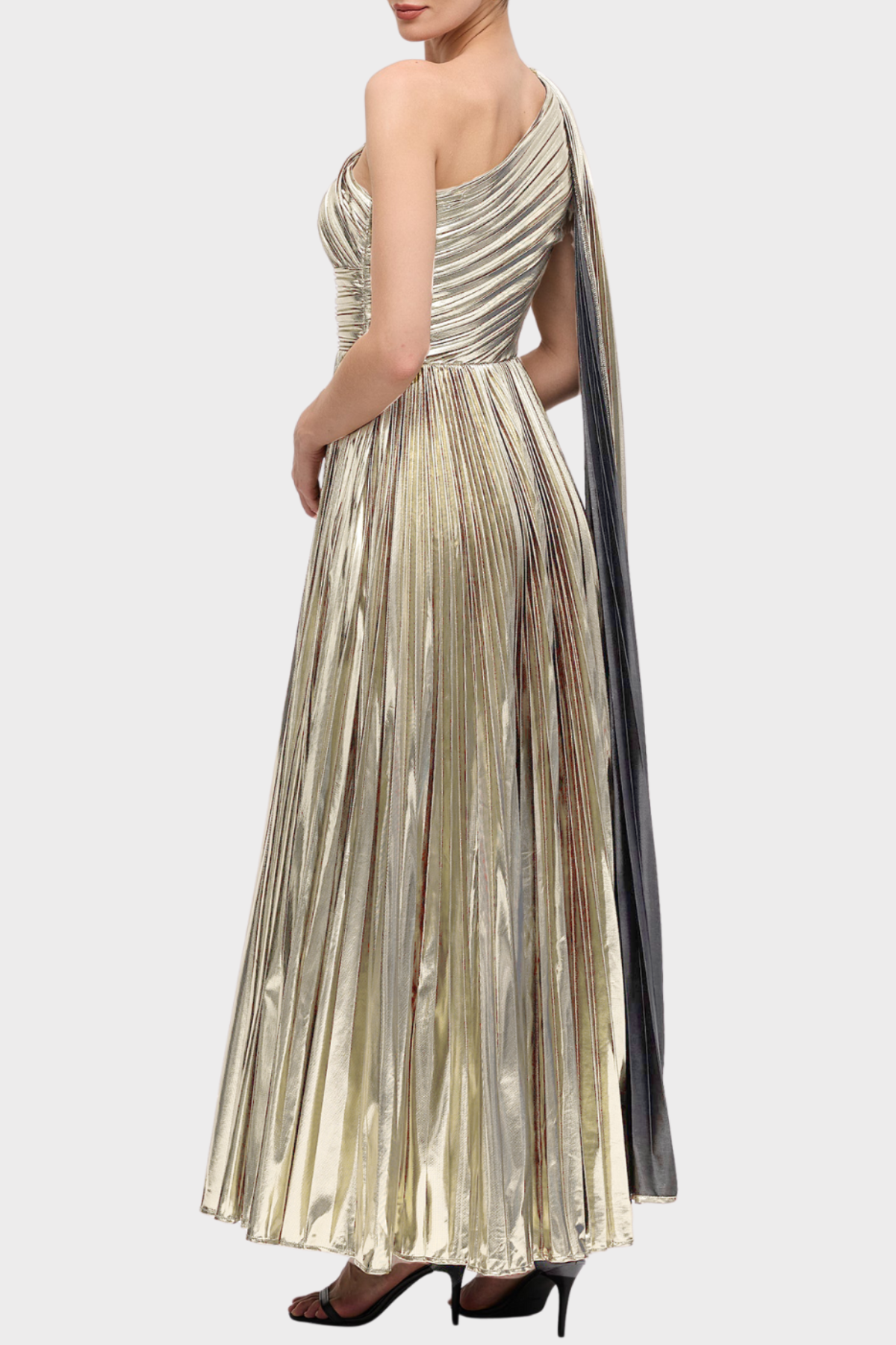 Guillo One Shoulder Metallic Pleated Maxi Dress - Champagne