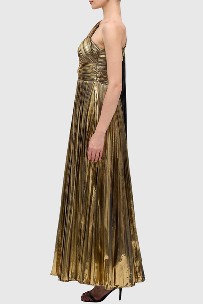 Guillo One Shoulder Metallic Pleated Maxi Dress - Gold