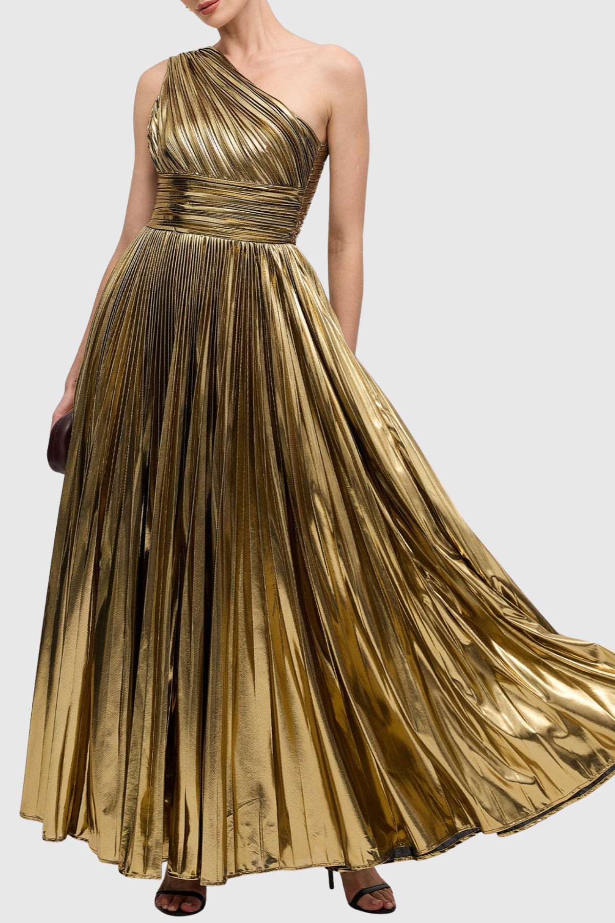 Guillo One Shoulder Metallic Pleated Maxi Dress - Gold