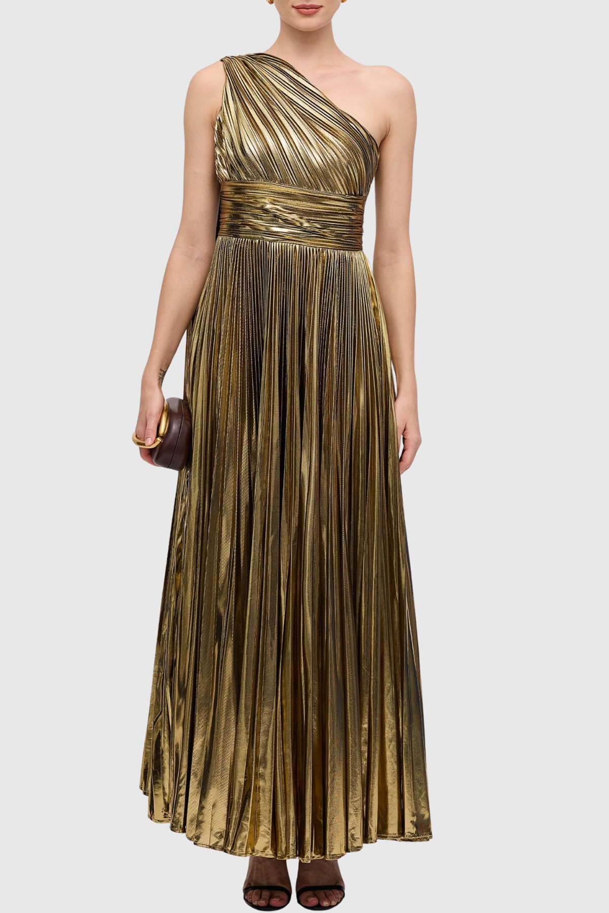 Guillo One Shoulder Metallic Pleated Maxi Dress - Gold