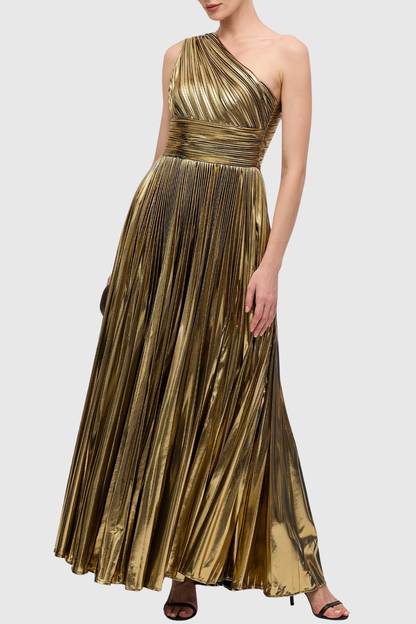 Guillo One Shoulder Metallic Pleated Maxi Dress - Gold