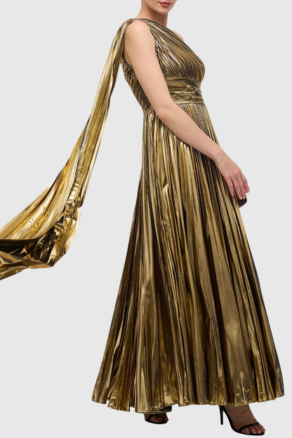 Guillo One Shoulder Metallic Pleated Maxi Dress - Gold