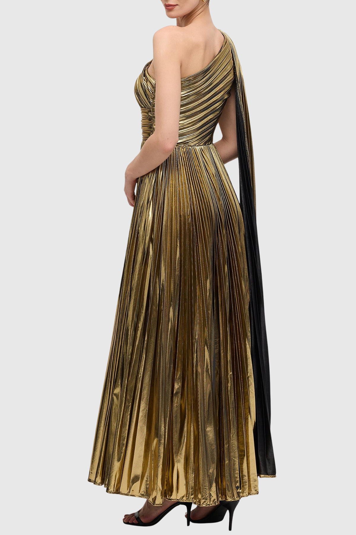 Guillo One Shoulder Metallic Pleated Maxi Dress - Gold