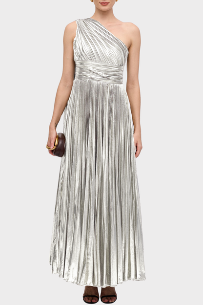 Guillo One Shoulder Metallic Pleated Maxi Dress - Silver