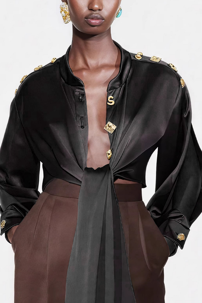 Gumpa Satin Buttoned Embellished Crop Shirt - Black