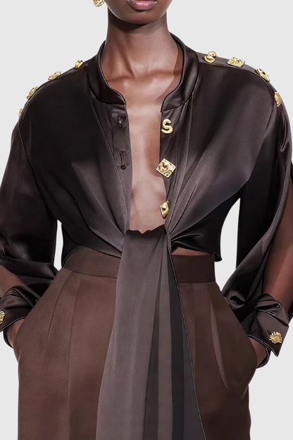 Gumpa Satin Buttoned Embellished Crop Shirt - Brown
