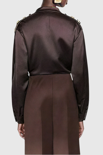 Gumpa Satin Buttoned Embellished Crop Shirt - Brown