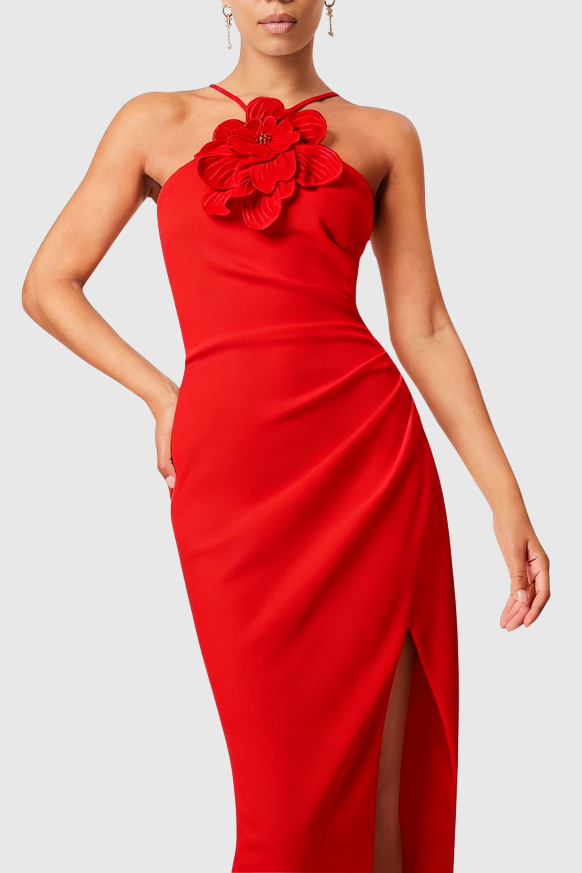Guso Halter Floral Appliqué Midi Dress - Red