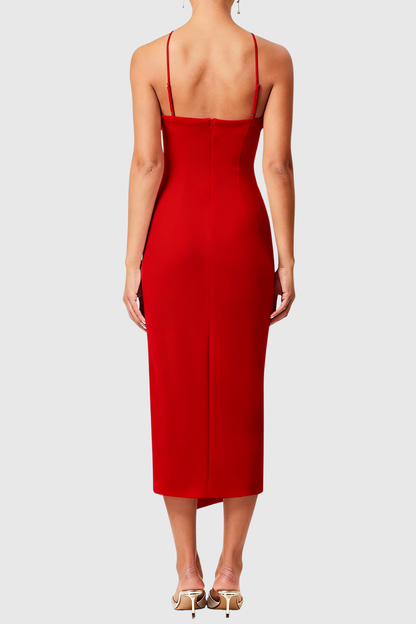Guso Halter Floral Appliqué Midi Dress - Red