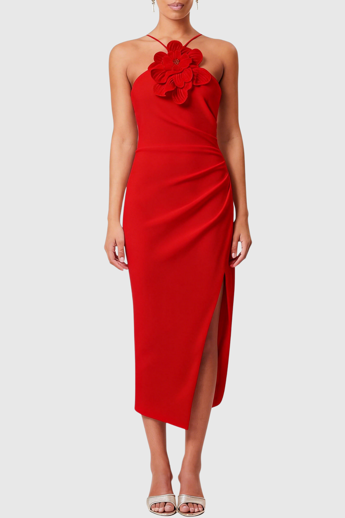 Guso Halter Floral Appliqué Midi Dress - Red