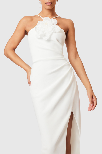 Guso Halter Floral Appliqué Midi Dress - White