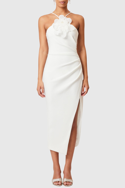 Guso Halter Floral Appliqué Midi Dress - White