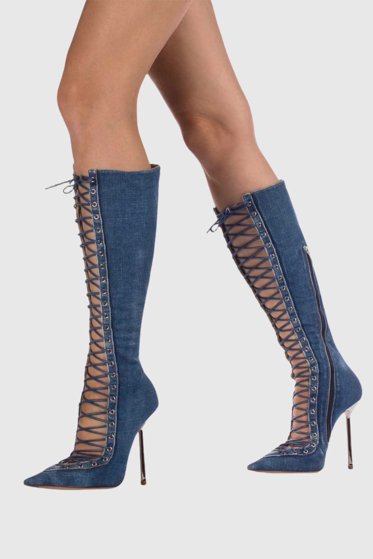 Gussie Lace Up Denim Knee High Boots - Blue