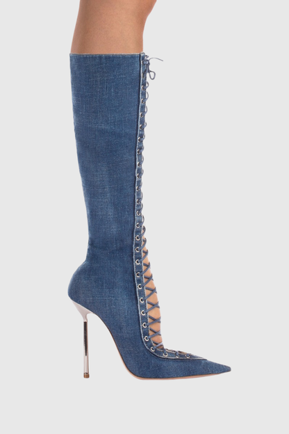 Gussie Lace Up Denim Knee High Boots - Blue