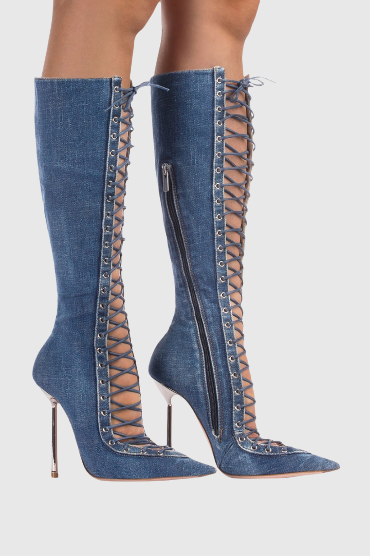 Gussie Lace Up Denim Knee High Boots - Blue