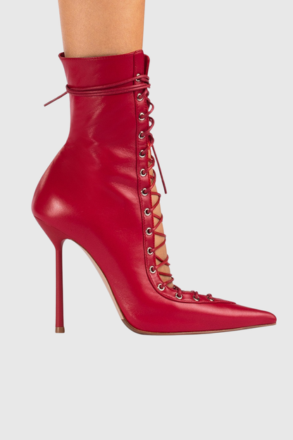 Gussie Lace Up Leather Ankle Boots - Red