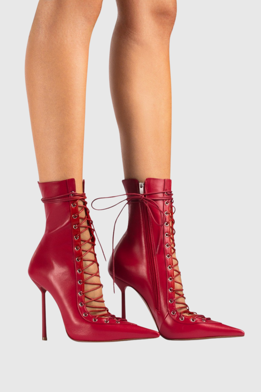 Gussie Lace Up Leather Ankle Boots - Red