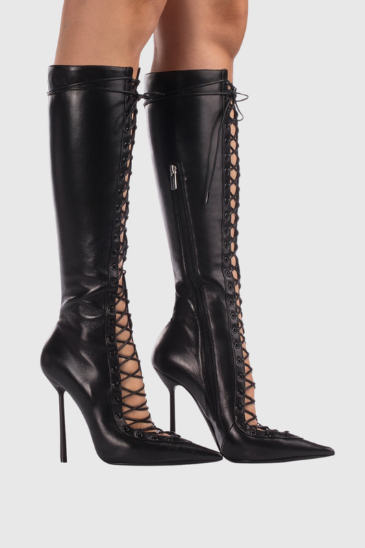 Gussie Lace Up Leather Boots - Black