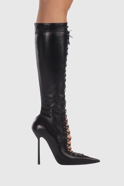 Gussie Lace Up Leather Boots - Black