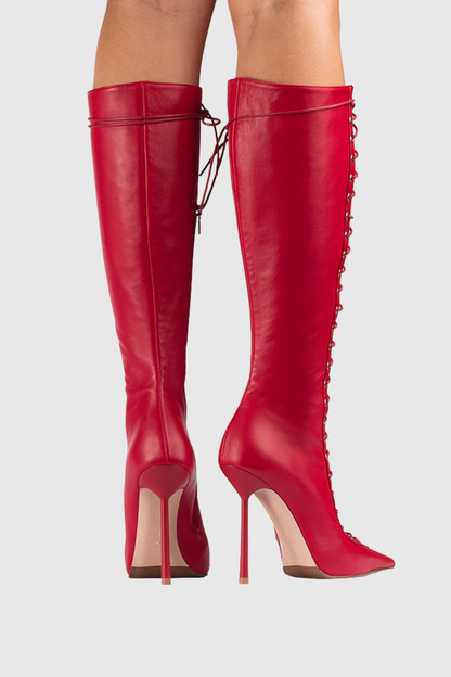 Gussie Lace Up Leather Boots - Red