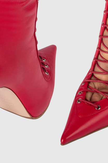 Gussie Lace Up Leather Boots - Red