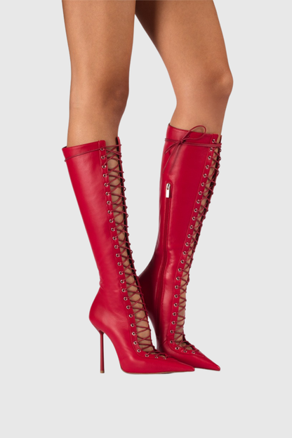 Gussie Lace Up Leather Boots - Red