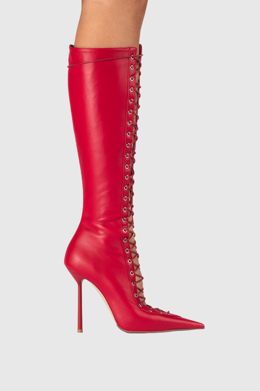 Gussie Lace Up Leather Boots - Red