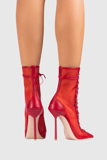 Gussie Lace Up Mesh Ankle Boots - Red