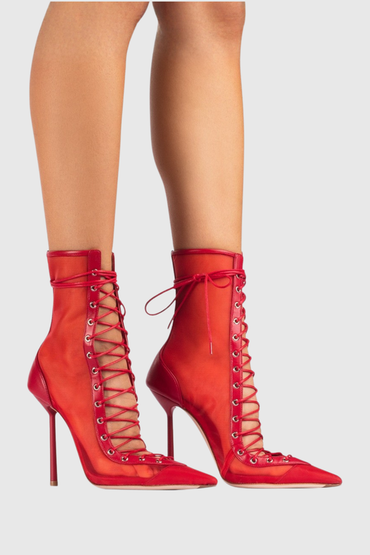 Gussie Lace Up Mesh Ankle Boots - Red