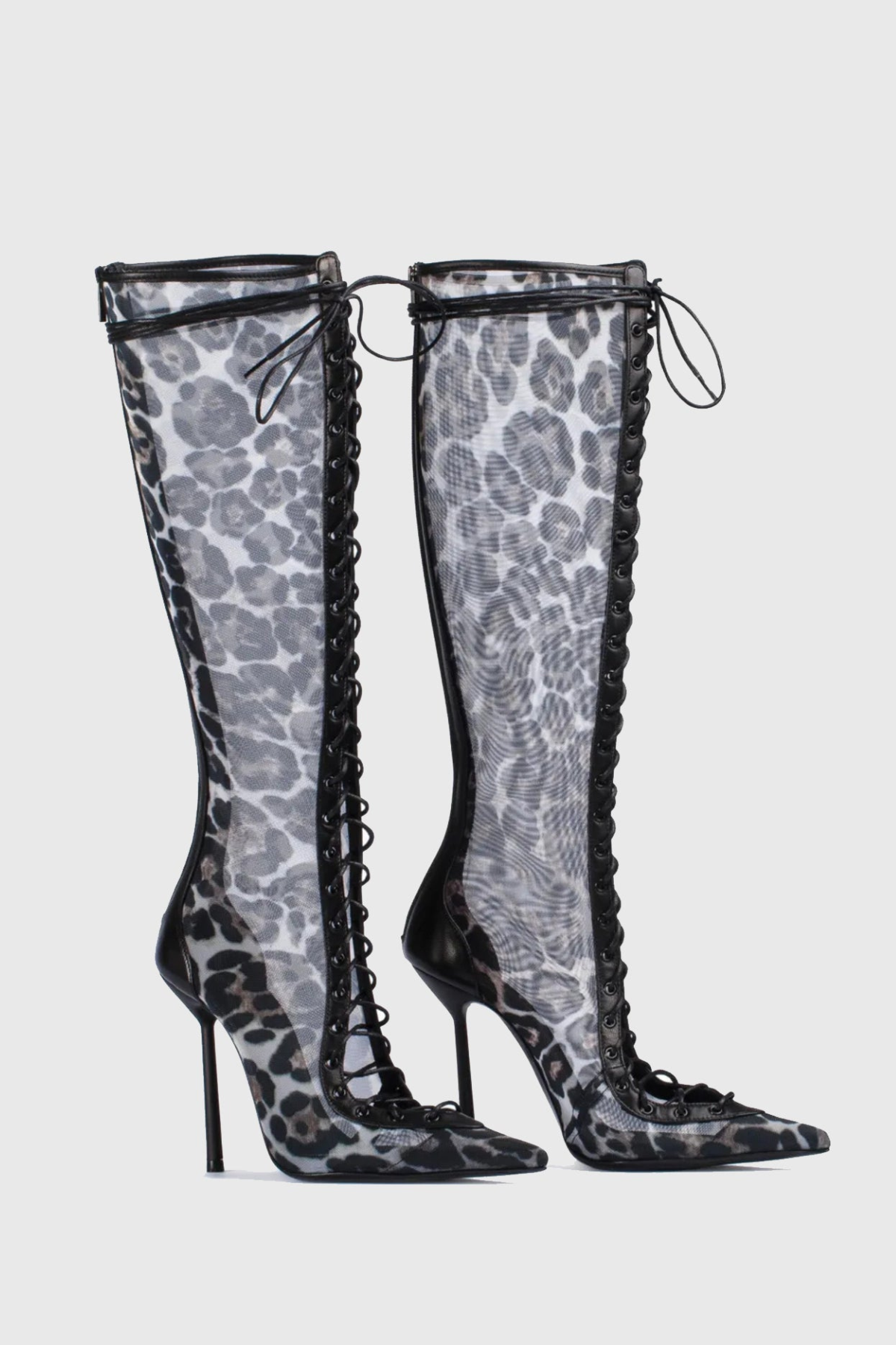Gussie Lace Up Mesh Knee High Boots - Leopard