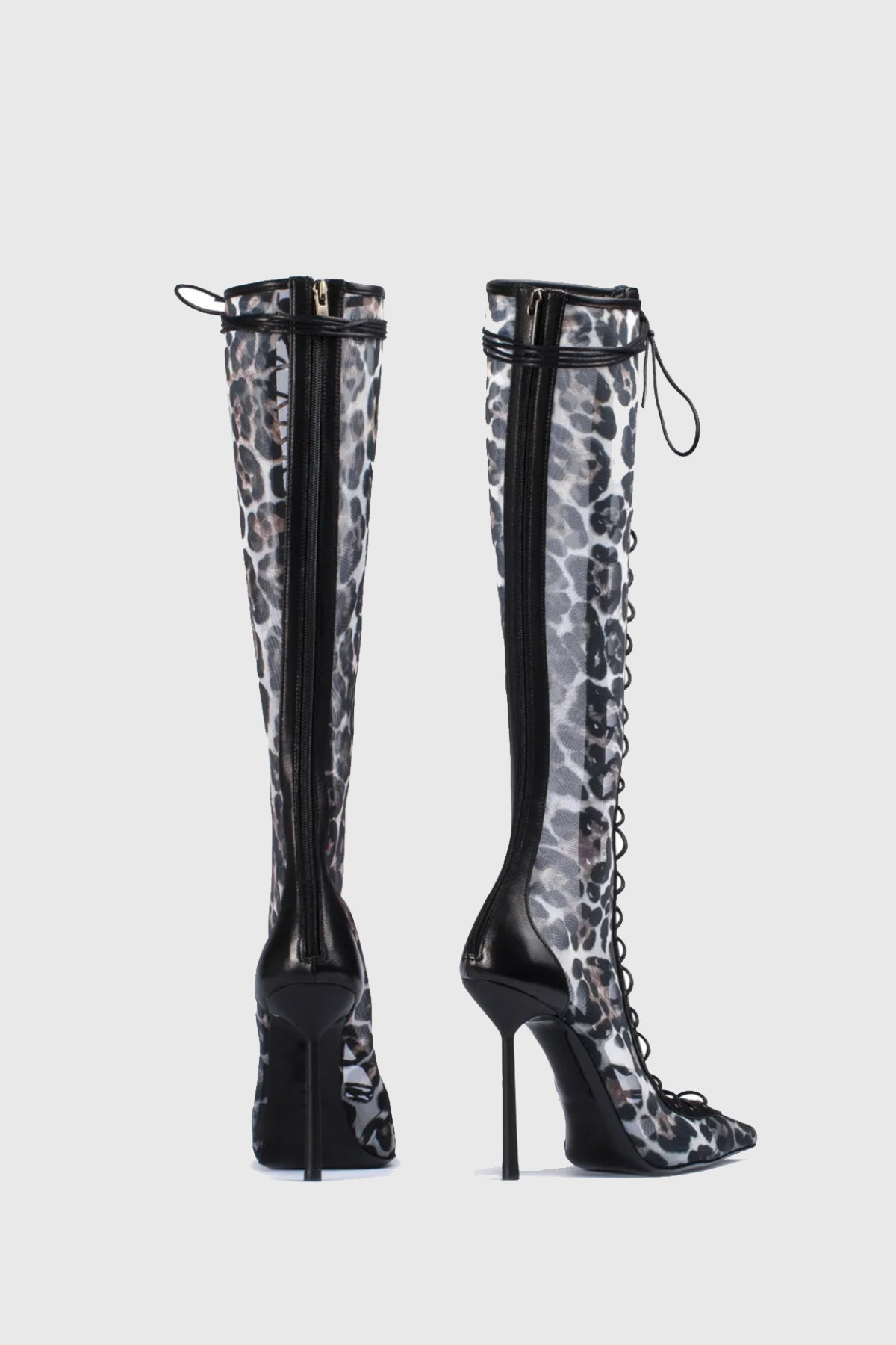 Gussie Lace Up Mesh Knee High Boots - Leopard