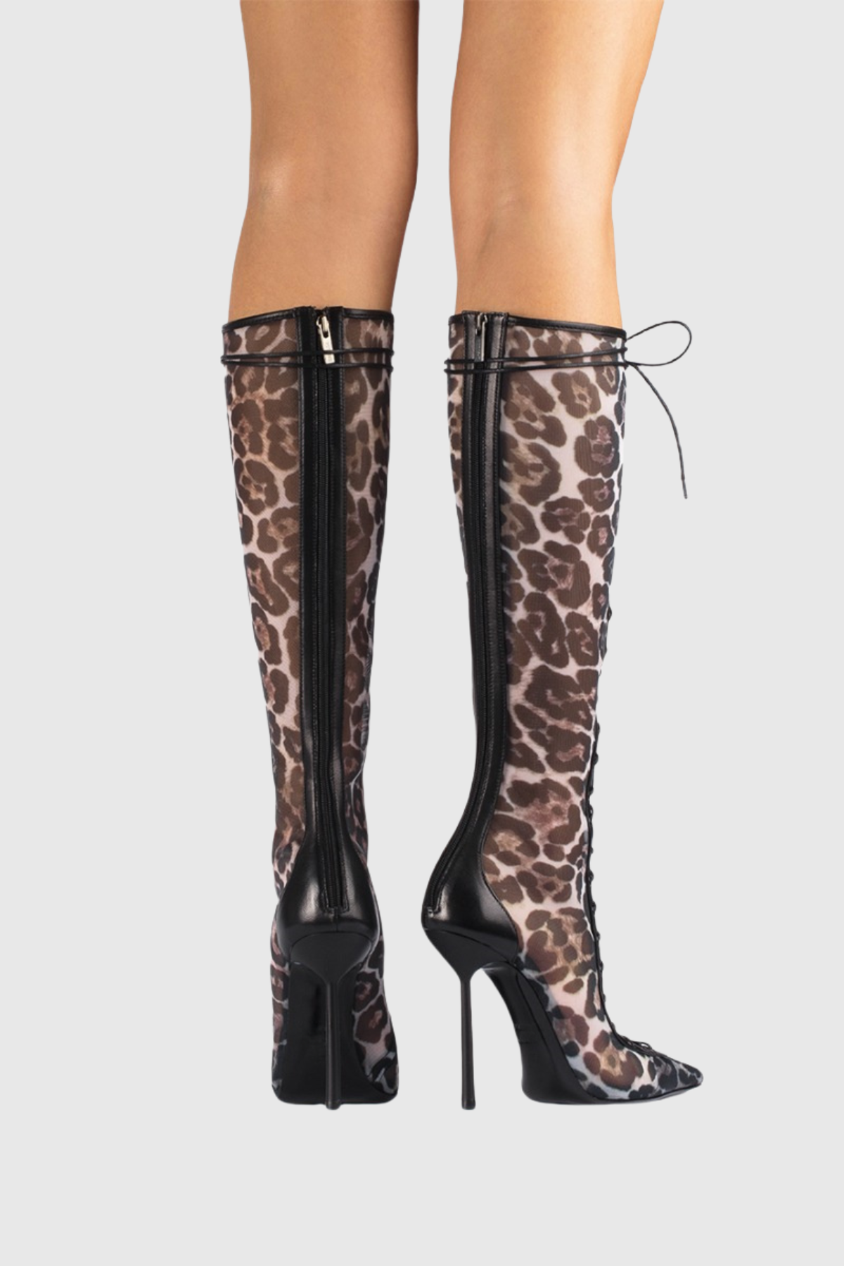 Gussie Lace Up Mesh Knee High Boots - Leopard