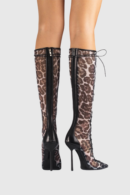 Gussie Lace Up Mesh Knee High Boots - Leopard