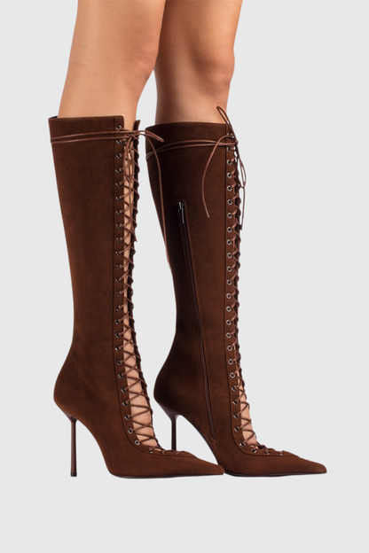Gussie Lace Up Suede Knee High Boots - Brown