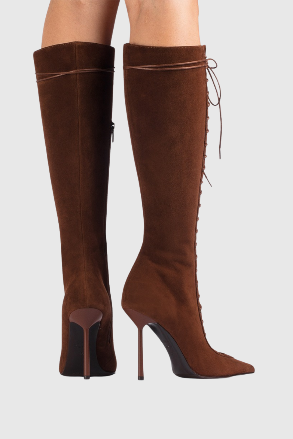 Gussie Lace Up Suede Knee High Boots - Brown
