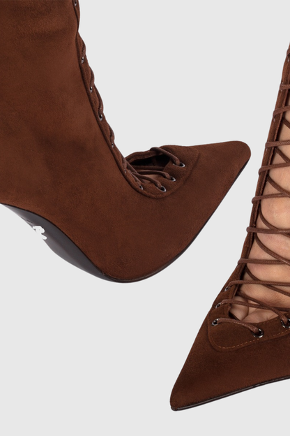 Gussie Lace Up Suede Knee High Boots - Brown