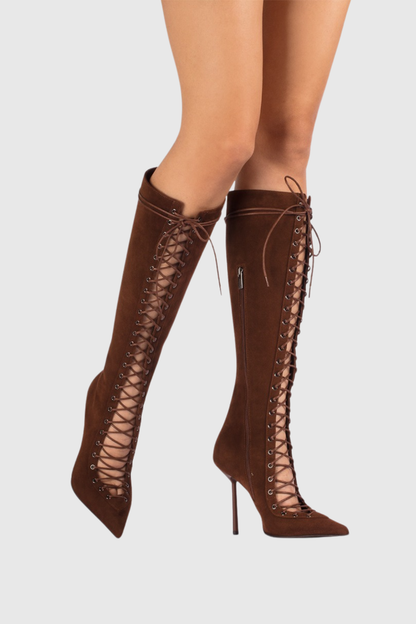 Gussie Lace Up Suede Knee High Boots - Brown