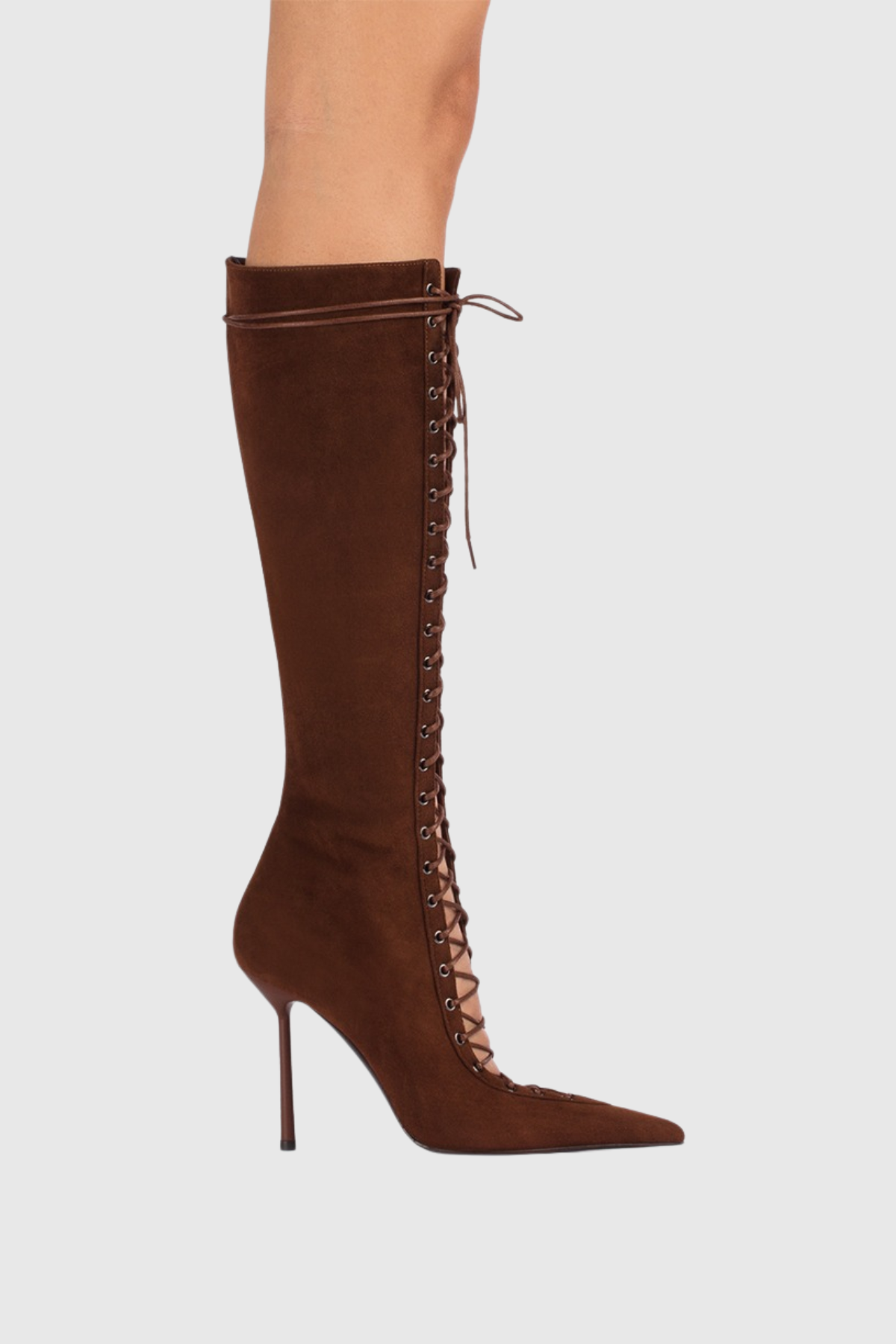 Gussie Lace Up Suede Knee High Boots - Brown