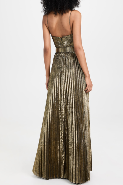 Gustav Metallic Gold Pleated Maxi Dress