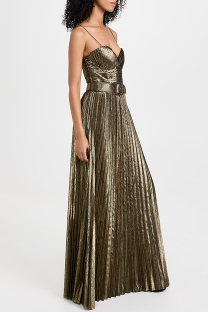Gustav Metallic Gold Pleated Maxi Dress