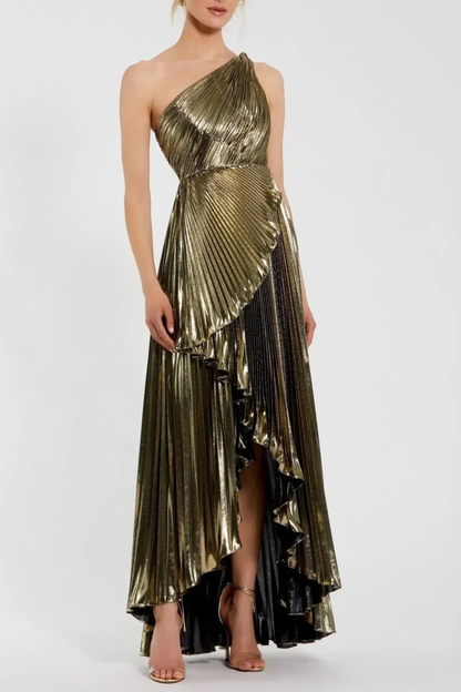 Gustavn One Shoulder Metallic Pleated Maxi Dress