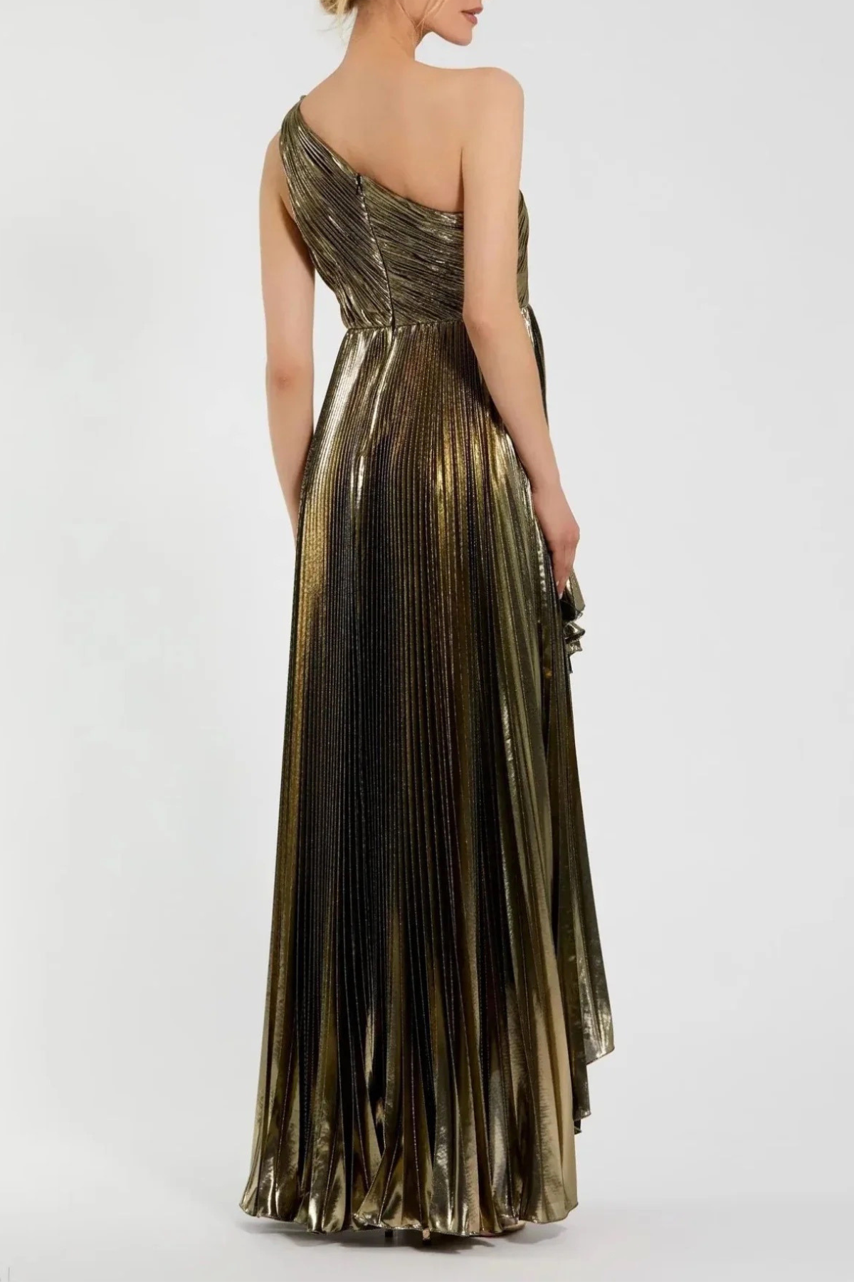 Gustavn One Shoulder Metallic Pleated Maxi Dress